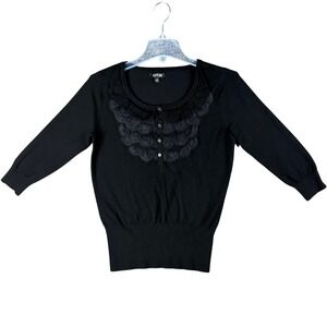 Apt 9 Womens Medium Black 3/4‎ Sleeve Ruffle Lace Bib Scoop Neck Knit Sweater